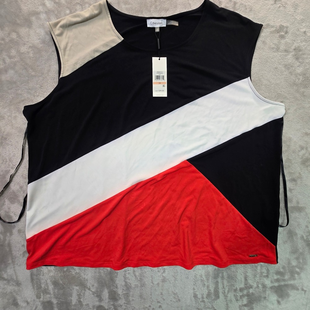 Calvin Klein Womens 2X Colorblock Sleeveless Top Black White Red Tan Scoop Neck